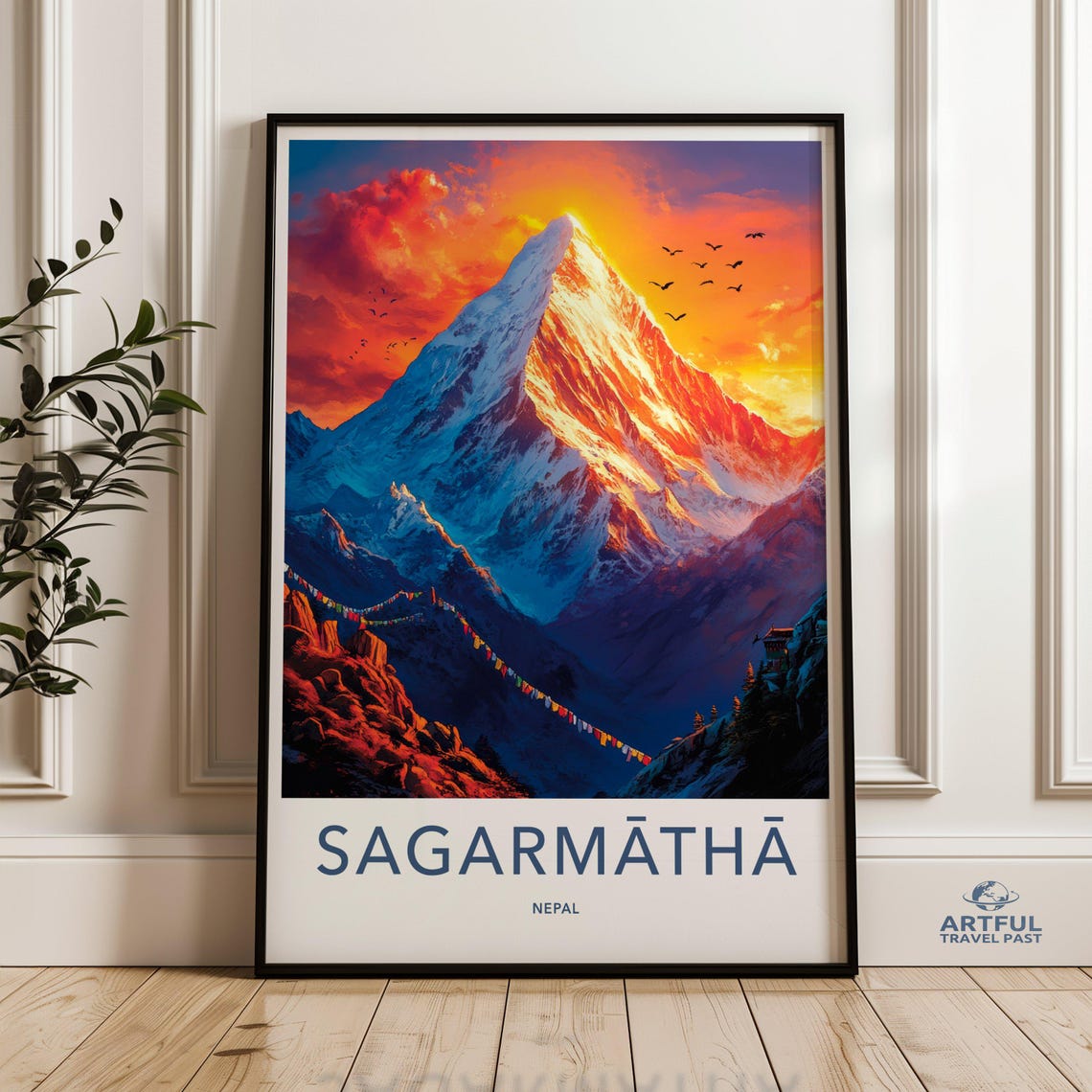 Sagarmatha Nepal Mount Everest Sunrise Prayer Flags Art Poster