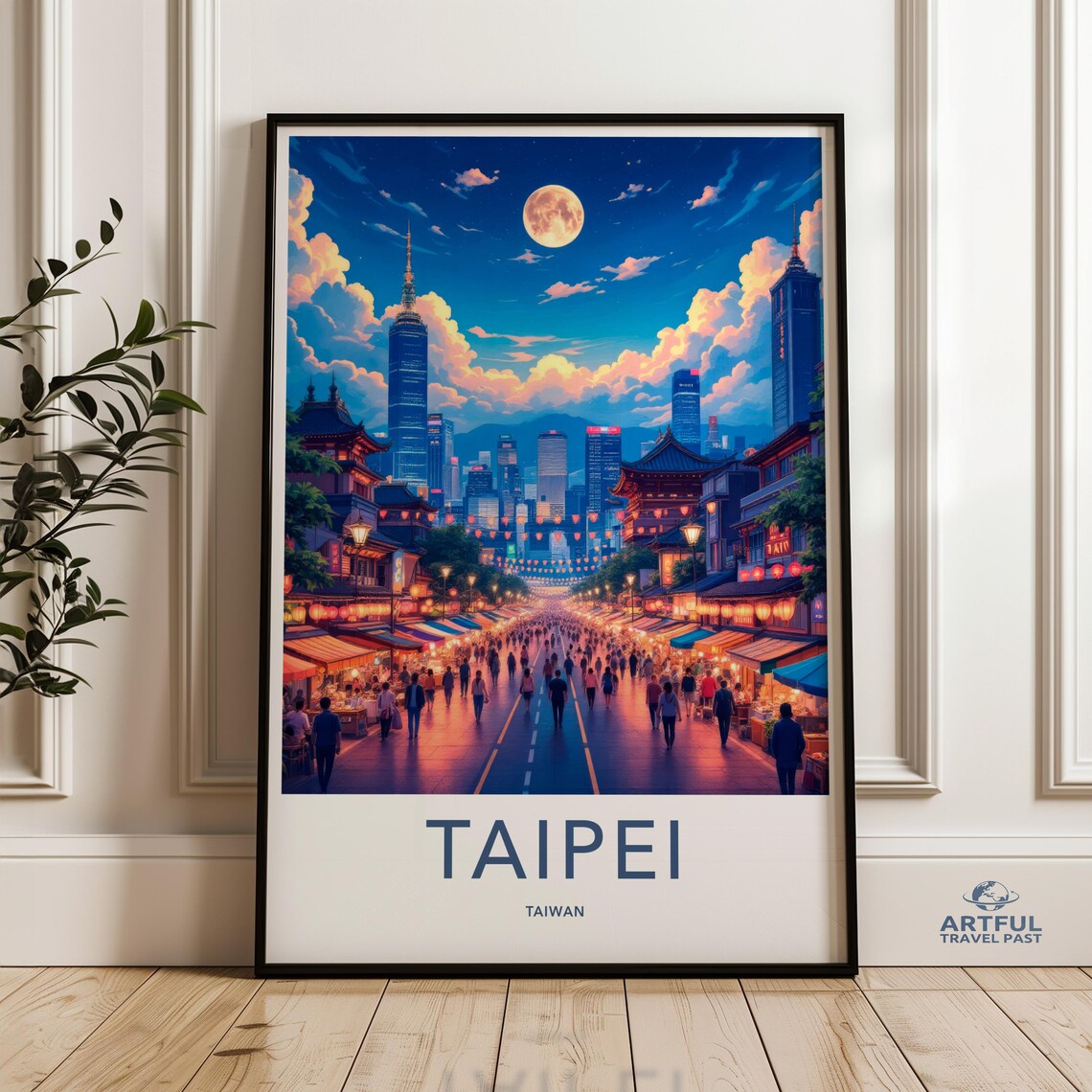 Taipei Taiwan Night Market Moonlit Skyline Lanterns Travel Poster