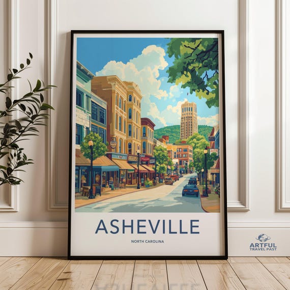 Asheville North Carolina Wall Art Cityscape Poster Colorful Street Scene Home Decor Travel Souvenir Vintage Style Print