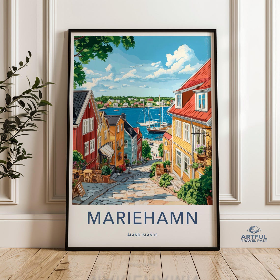 Mariehamn Aland Islands Colorful Harbor Cobblestone Town Art Poster