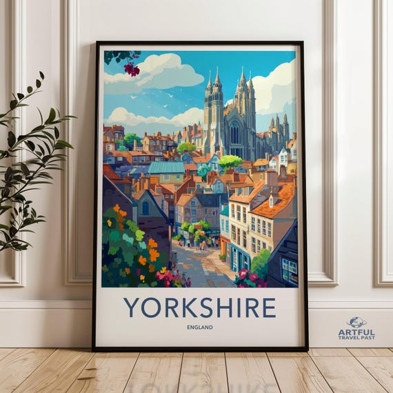 Yorkshire England Wall Art Colorful Townscape With Historic Buildings Cathedral Print Cityscape Decor Travel Poster