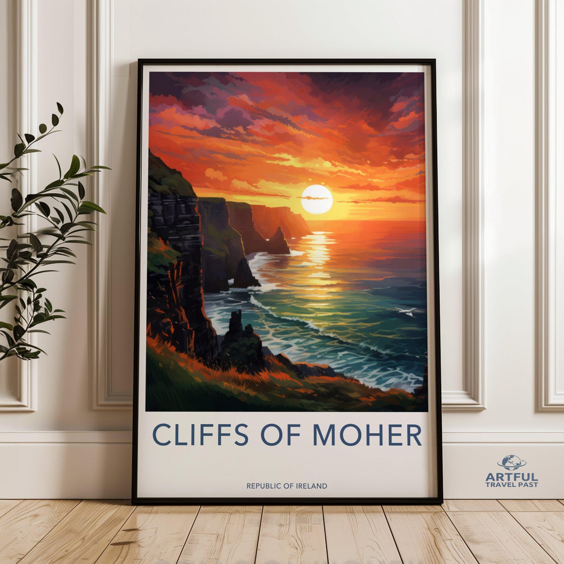 Cliffs Of Moher Ireland Sunset Travel Poster Dramatic Orange Sky Decor