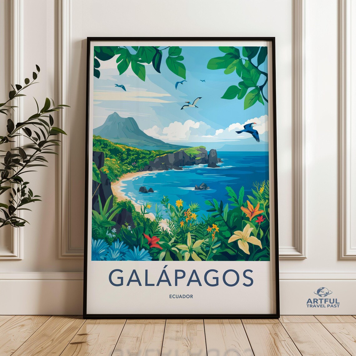 Galapagos Ecuador Tropical Bay Coast Vintage Style Travel Poster