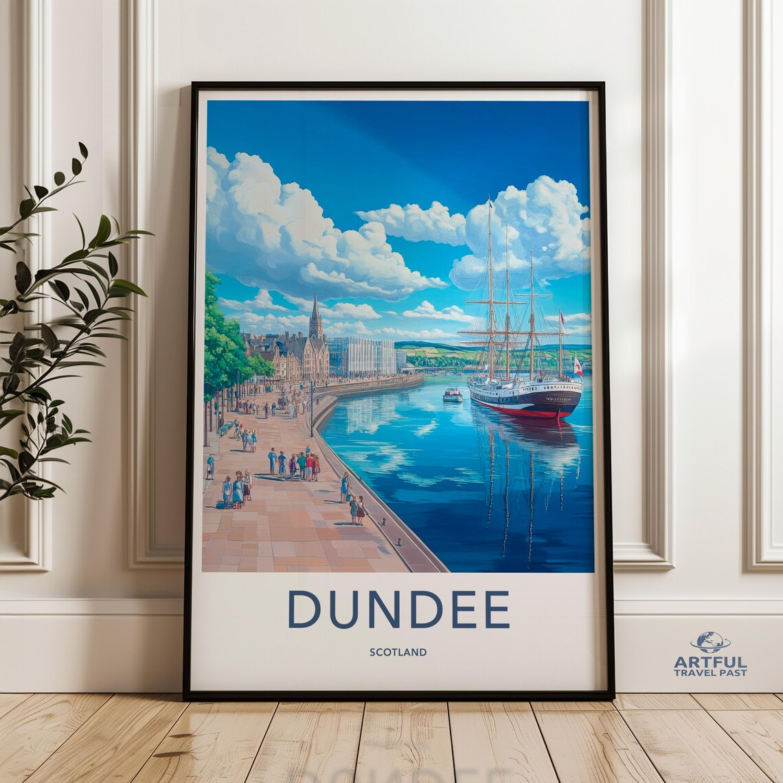 Dundee Scotland Waterfront Tall Ship Sunny Promenade Travel Poster