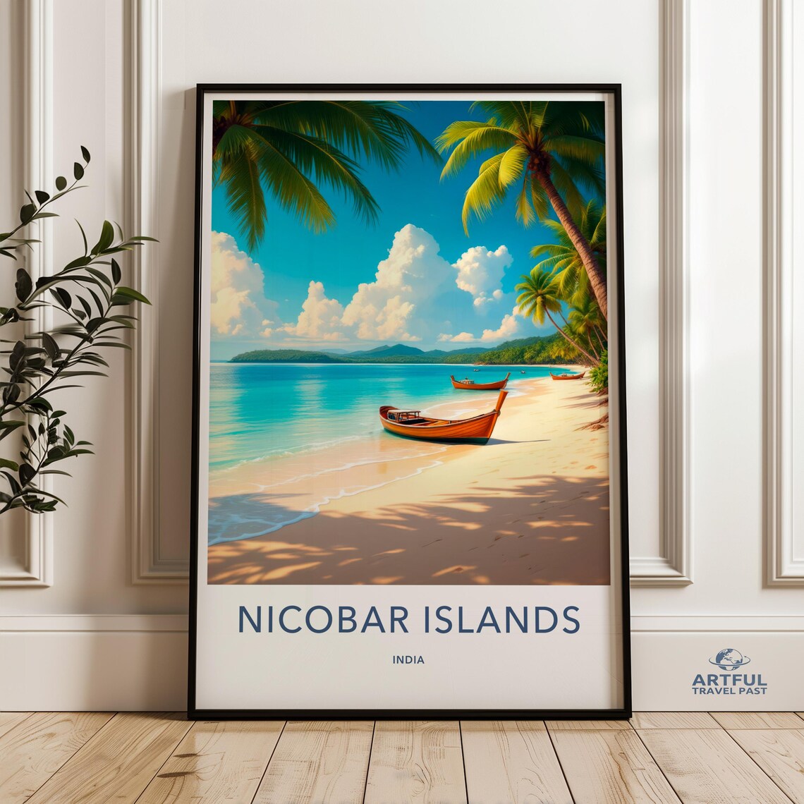 Nicobar Islands India Tropical Beach Boat Vintage Travel Poster