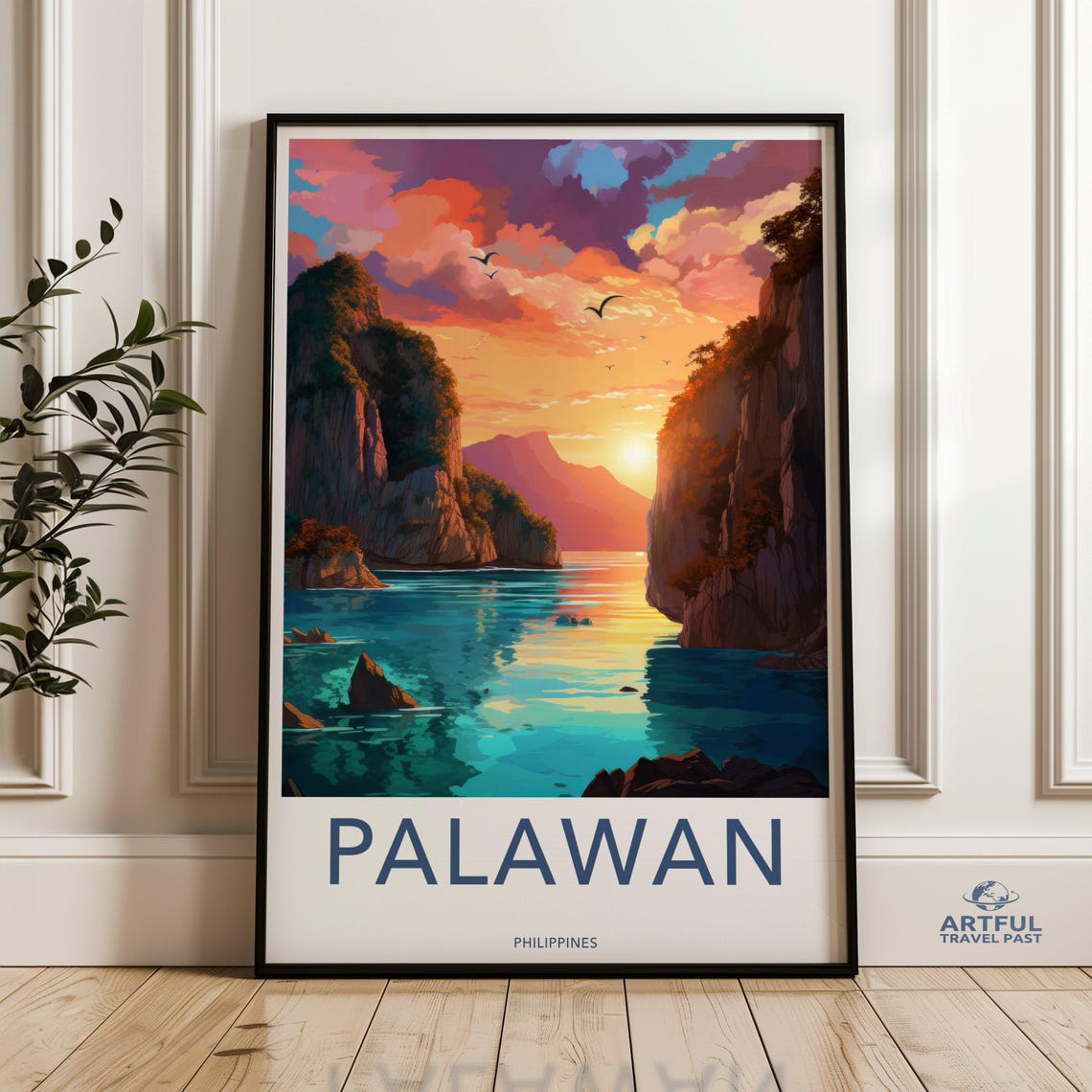 Palawan Philippines Retro Sunset Karst Cliffs Turquoise Sea Poster