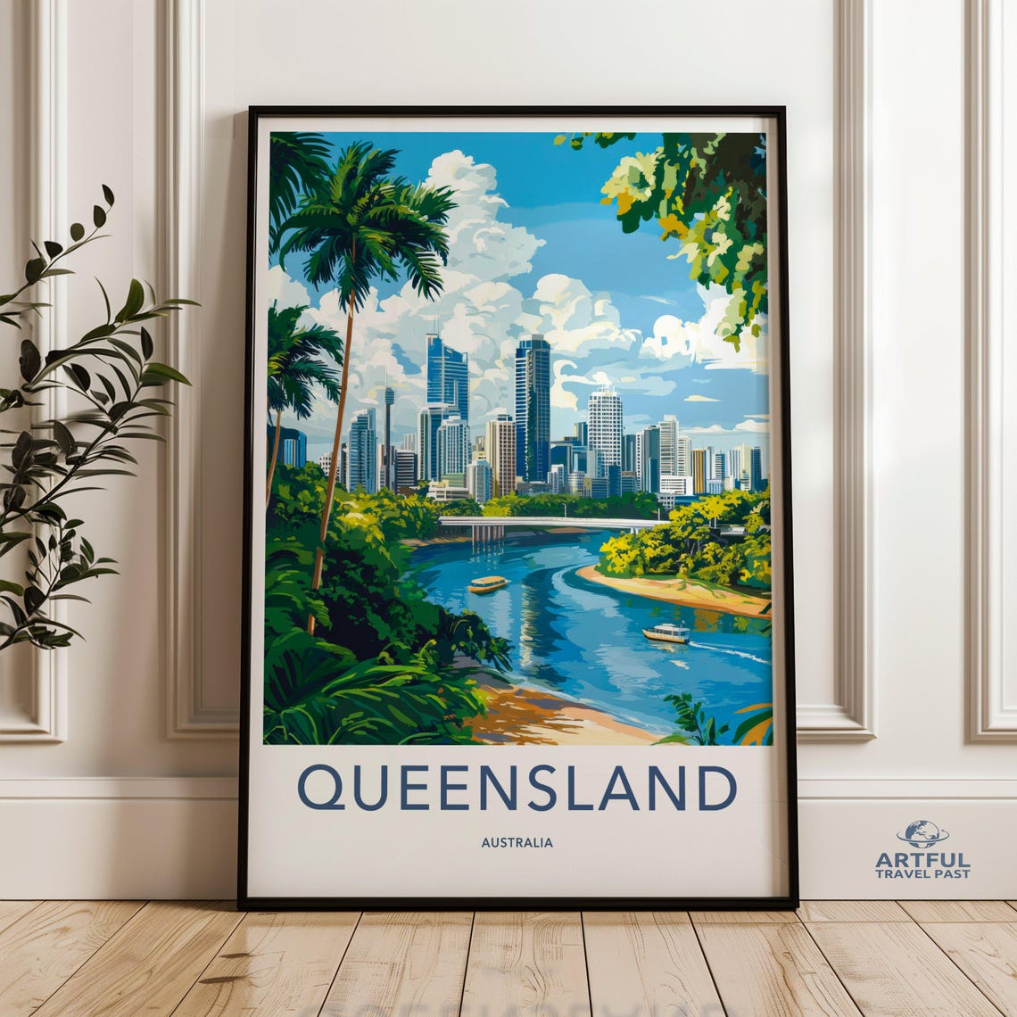 Queensland Australia Riverside Cityscape Vintage Travel Poster