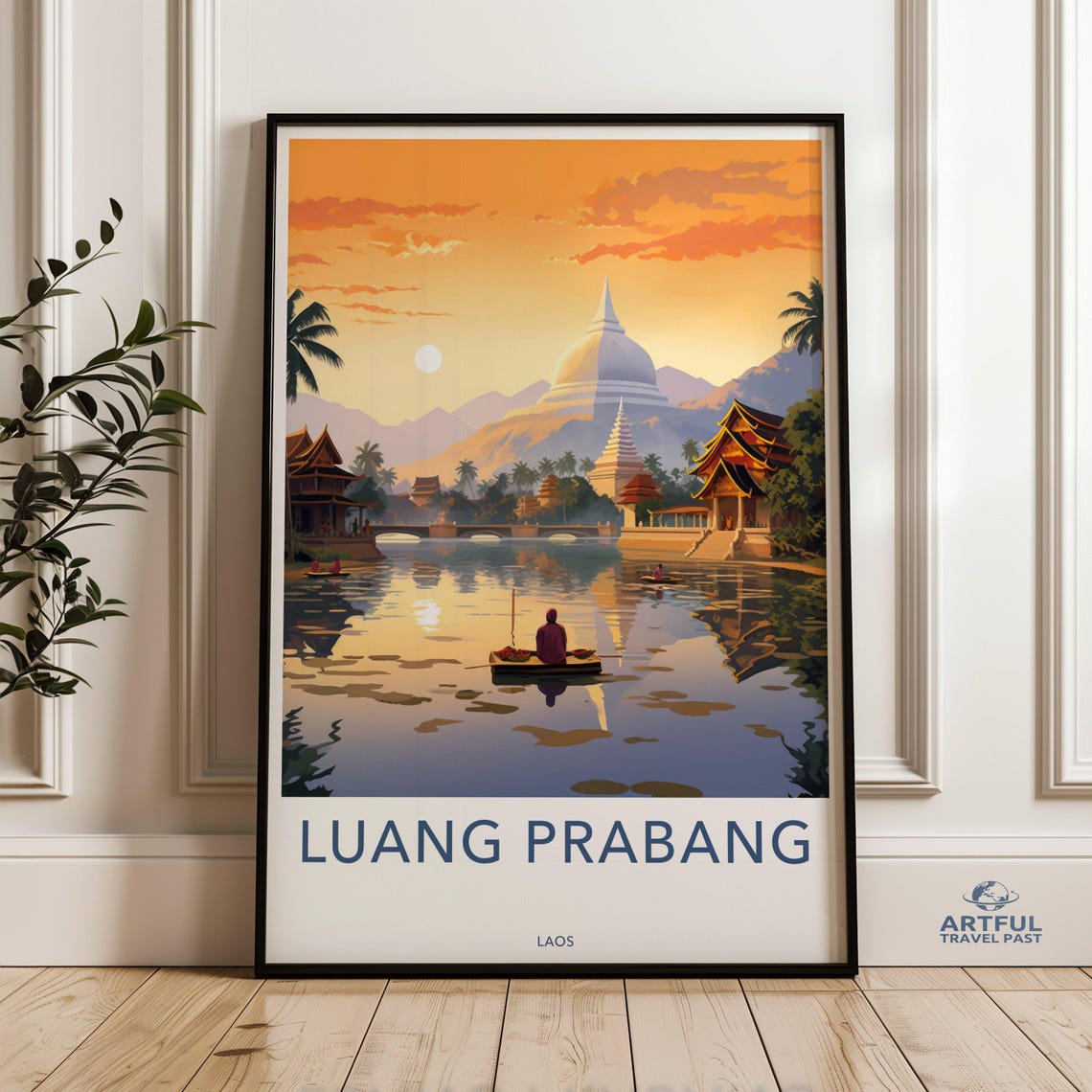 Luang Prabang Laos Vintage Travel Poster Sunset Stupa River Scene Art