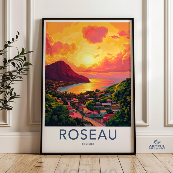 Roseau Dominica Caribbean Sunset Harbor Vintage Travel Poster