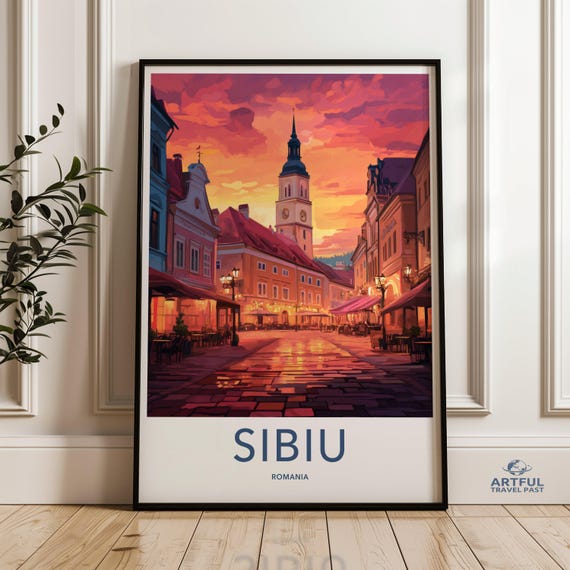 Sibiu Romania Wall Art Print Historic Cityscape At Sunset European City Decor Travel Poster Vibrant Architecture Artwork