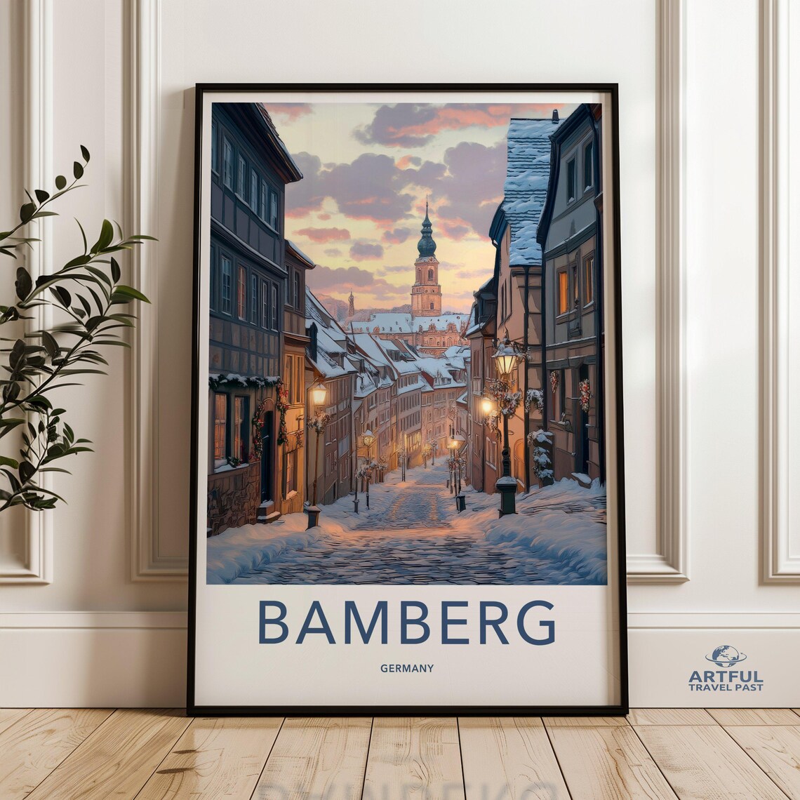 Bamberg Germany Winter Snowy Old Town Street Vintage Travel Poster