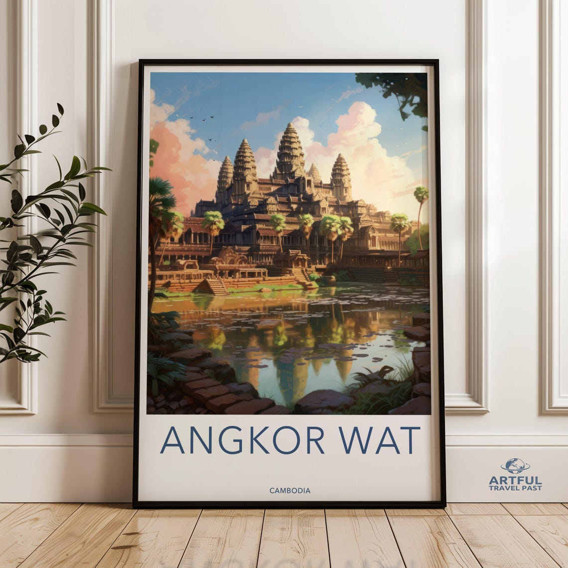 Angkor Wat Cambodia Golden Hour Temple Reflection Travel Poster