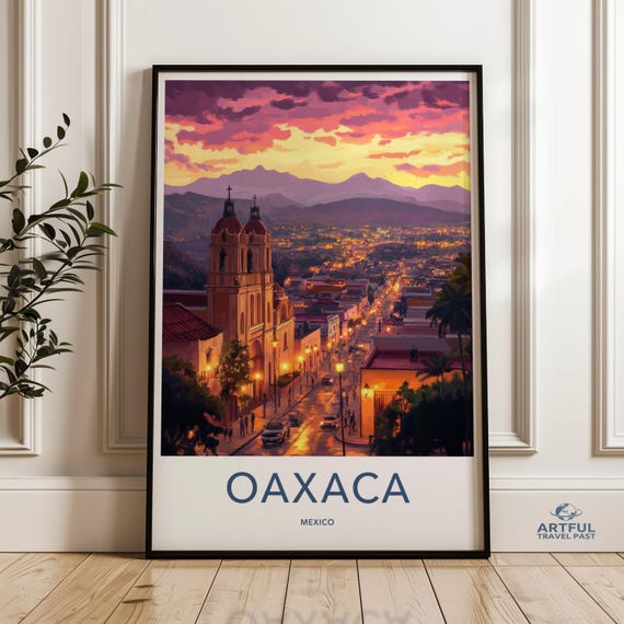 Oaxaca Mexico City Landscape Wall Art Sunset Urban View Print Travel Poster Colorful Spanish Architecture Cityscape Decor