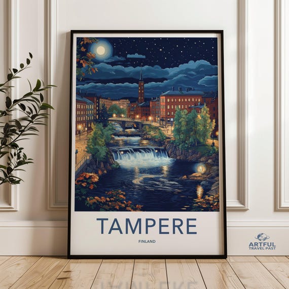 Tampere Finland Night Scene Poster Cityscape Wall Art Finnish Urban Landscape Print Starry Sky Artwork Room Decor