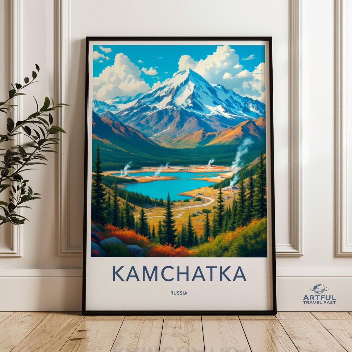 Kamchatka Russia Snowy Volcano Turquoise Lake Vintage Travel Poster