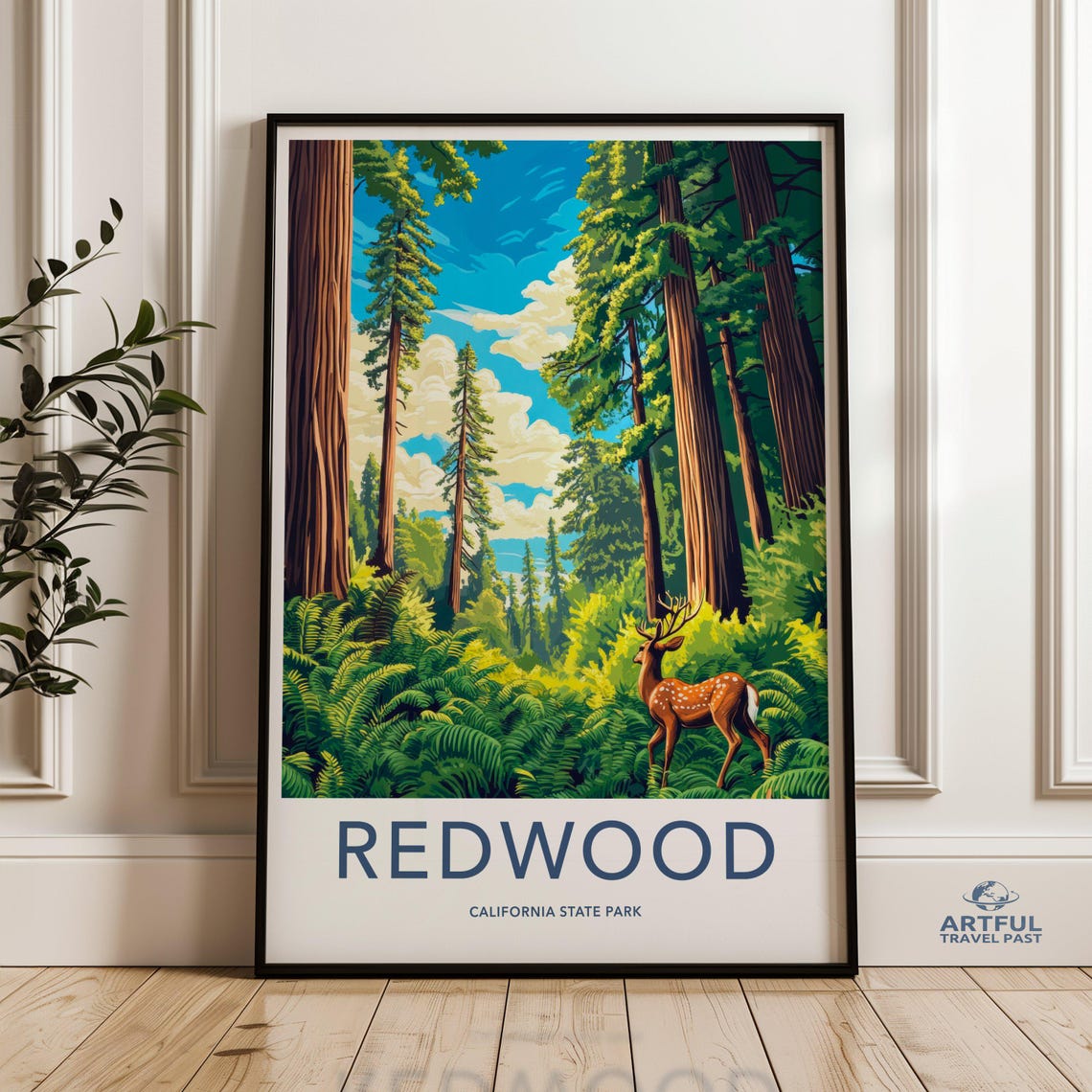 Redwood California State Park Deer Forest Vintage Travel Poster