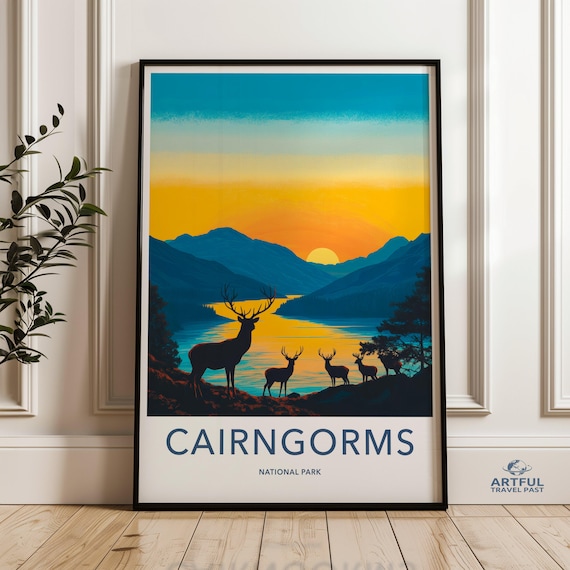 Cairngorms National Park Stags Sunset Lake Mountain Silhouette Poster