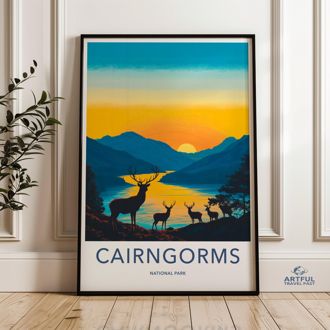 Cairngorms National Park Stags Sunset Lake Mountain Silhouette Poster