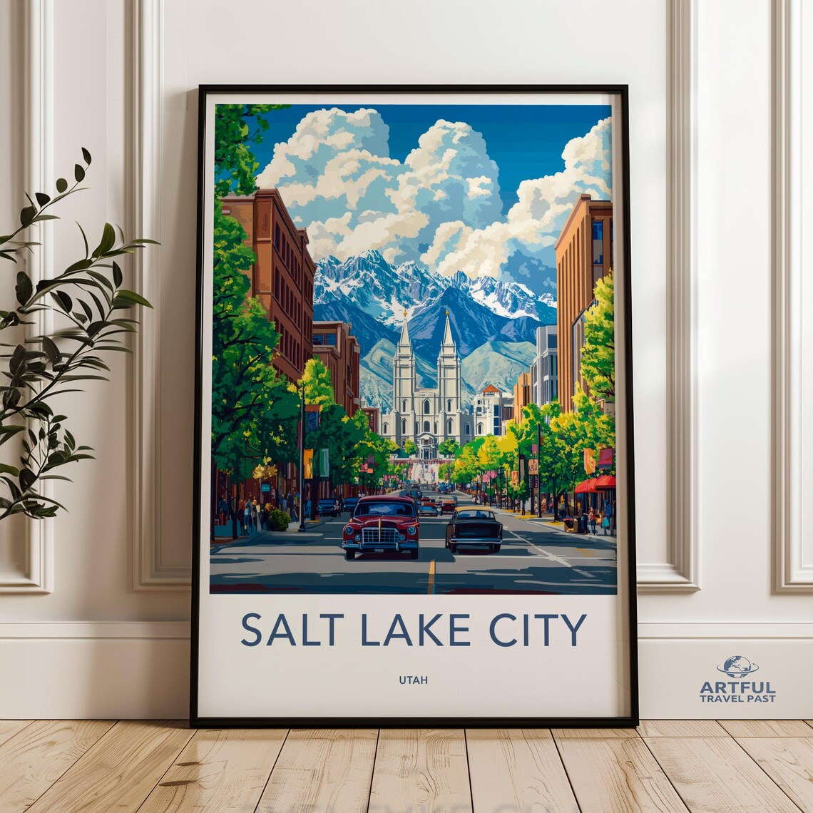 Salt Lake City Utah Temple Mountains Classic Cars Street Travel Poster