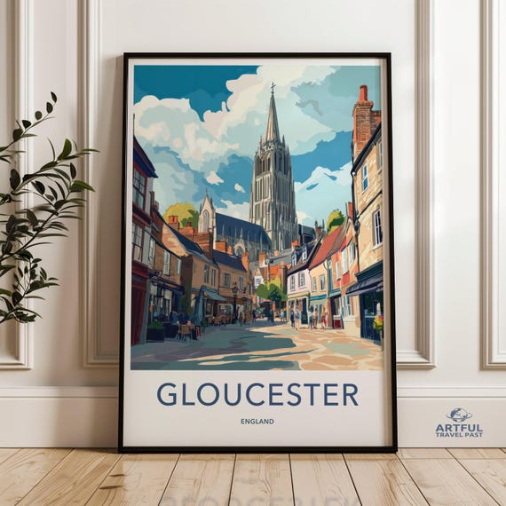 Gloucester Poster Cityscape Wall Art Cathedral Print England Travel Decor Historic Architecture Home Office Decoration