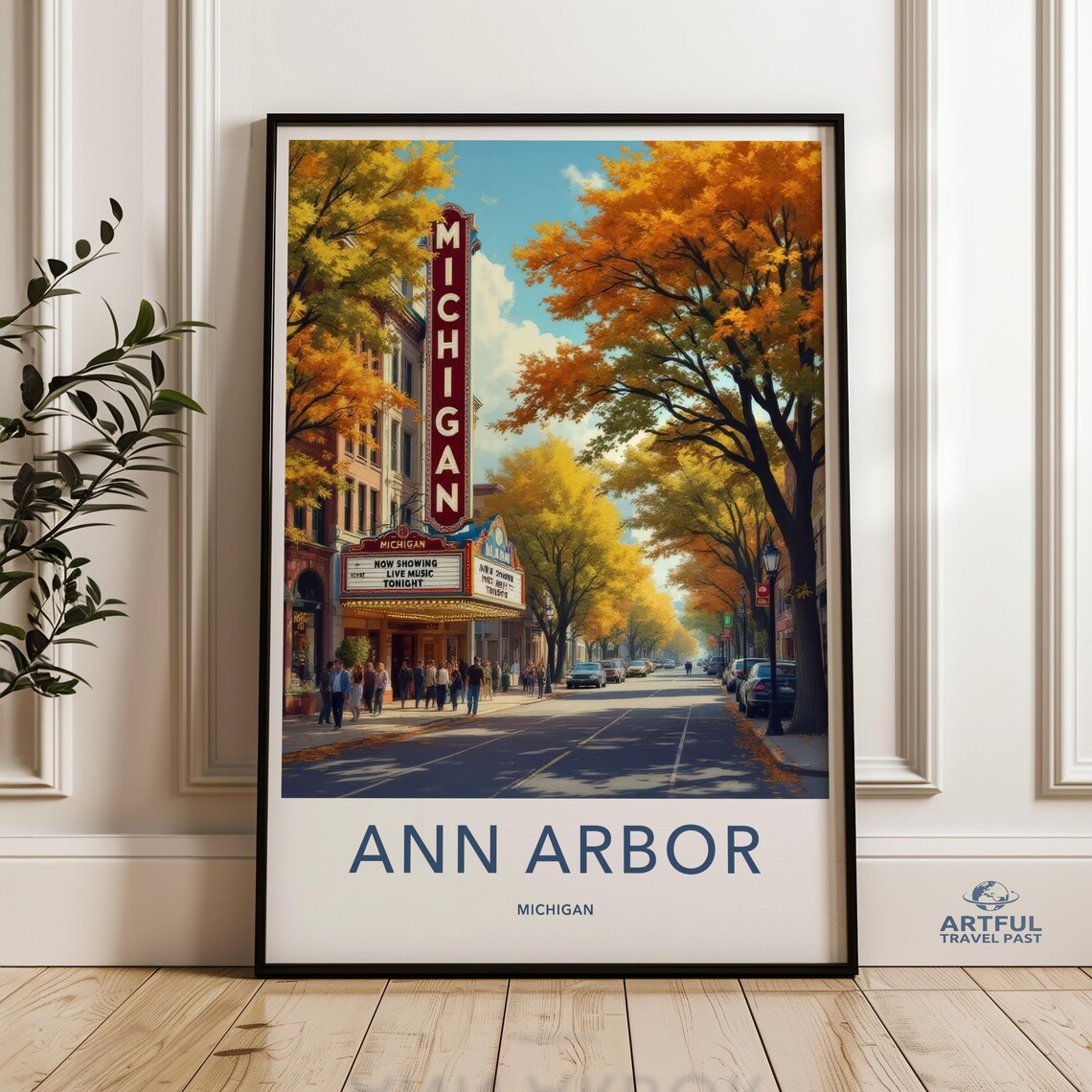 Ann Arbor Michigan Theater Marquee Autumn Street Scene Travel Poster