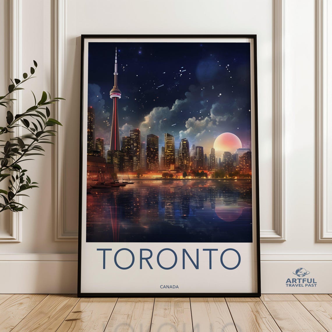 Toronto Canada Night Skyline CN Tower Moonlit Harbor Water Poster