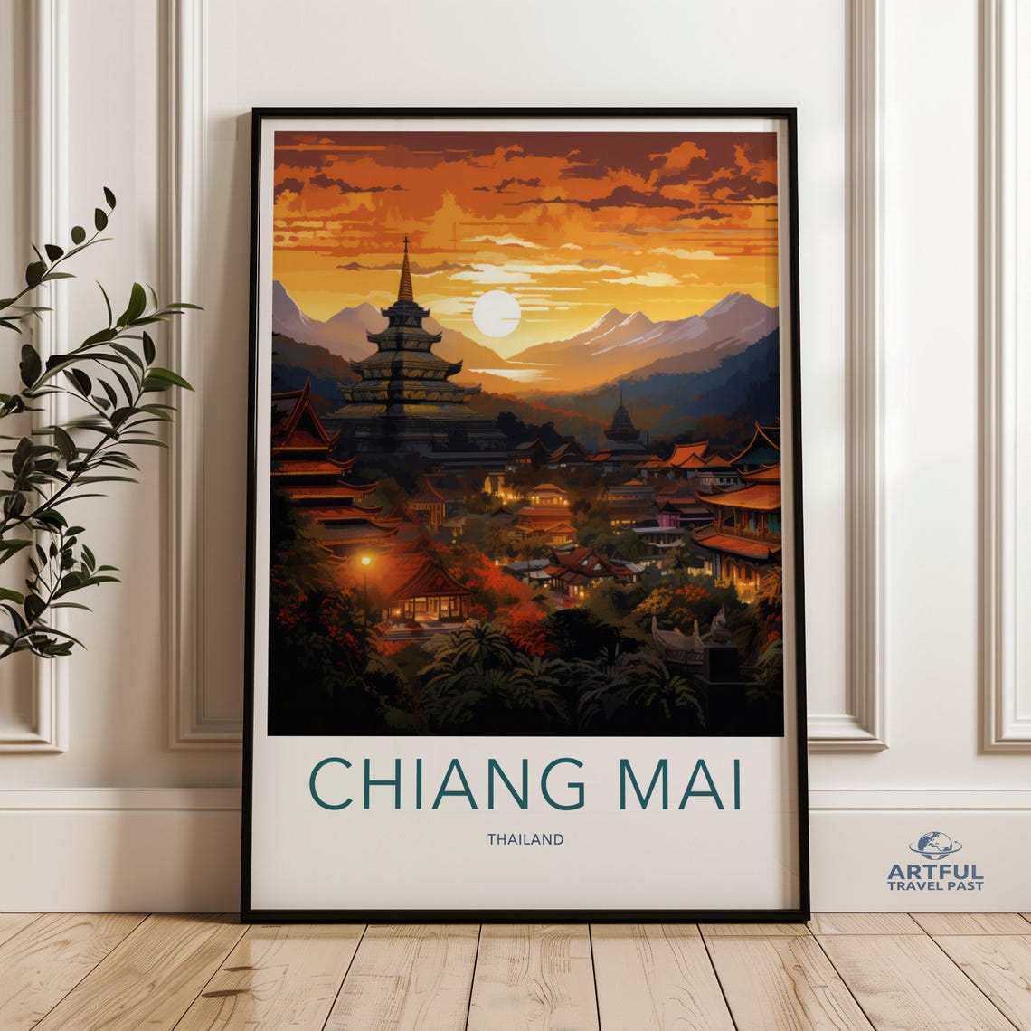 Chiang Mai Thailand Temple Sunset Landscape Vintage Travel Poster