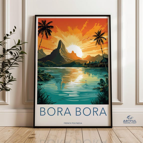 Bora Wall Art French Polynesia Beach Scene Print Tropical Paradise Landscape Sunset Illustration Home Decor