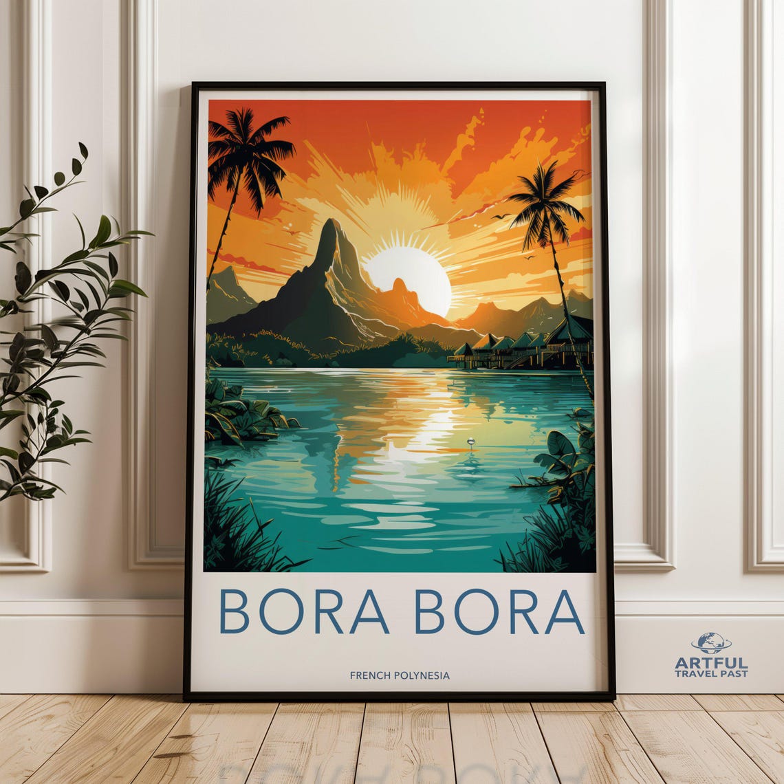 Bora Bora French Polynesia Sunrise Lagoon Volcano Palms Travel Poster