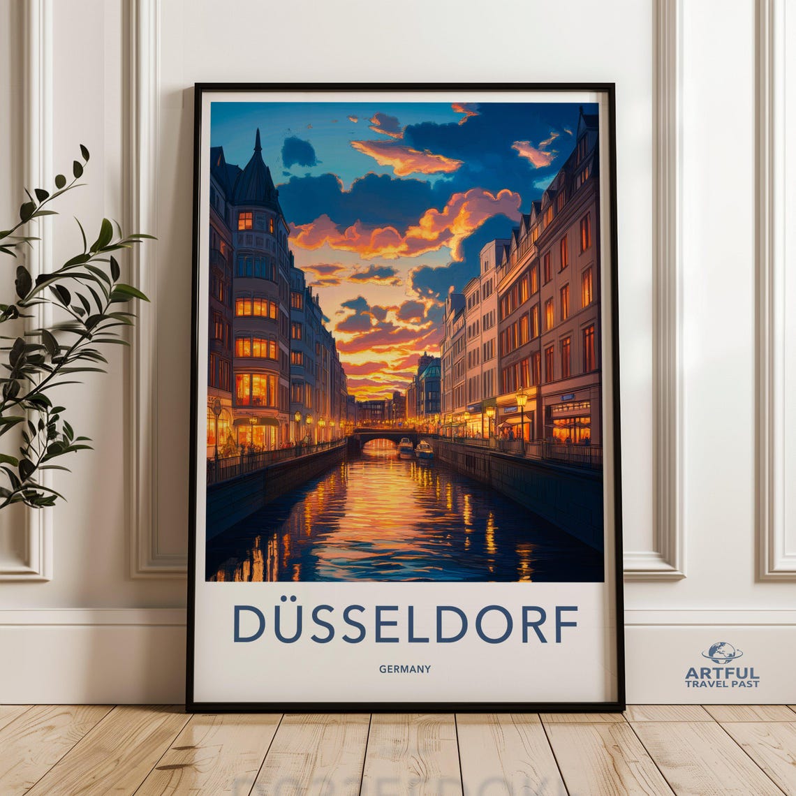 Düsseldorf Germany Canal Cityscape Sunset Urban Travel Poster