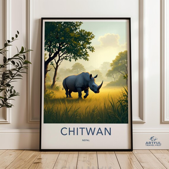 Chitwan Nepal One Horned Rhino at Dawn in Golden Grassland Travel Poster
