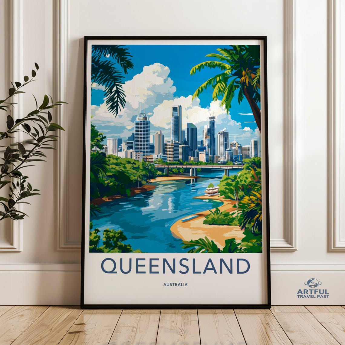 Queensland Australia Tropical City Skyline River Travel Art Poster