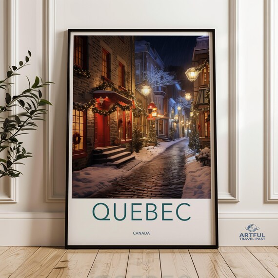 Quebec Canada Christmas Snowy Old Street Night Lights Poster