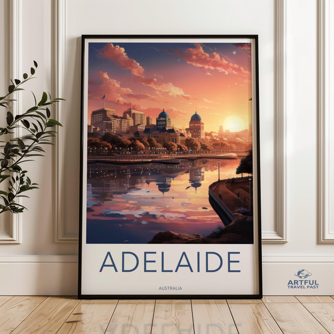 Adelaide Australia Sunset Cityscape Wall Art Serene River And Skyline Print Architectural Wonders Cultural Landmarks Poster