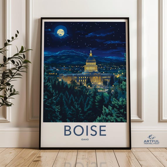Boise Idaho Capitol Building Night Scene Wall Art Cityscape Print Skyline Artwork Landmark Decor