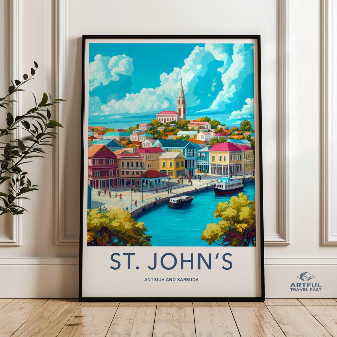 St Johns Antigua Barbuda Colorful Harbor Waterfront Travel Poster