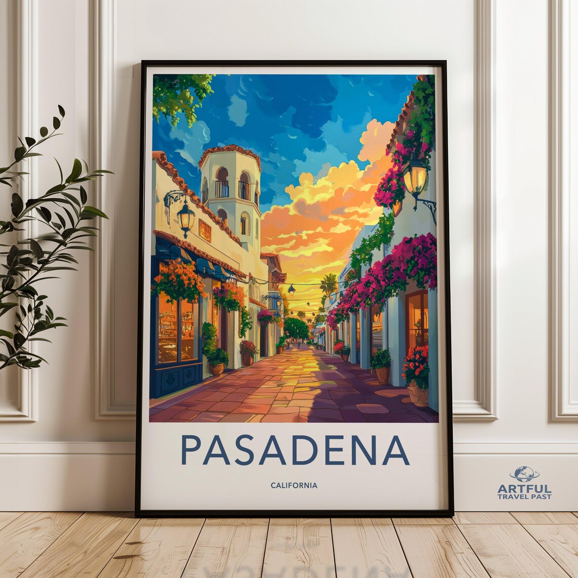 Pasadena California Sunset Street Vintage Travel Wall Poster Art