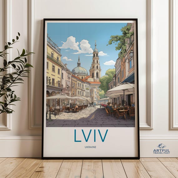 Lviv Cityscape Wall Art Print European Street Scene Poster Ukraine Travel Illustration Historic Architecture Artwork