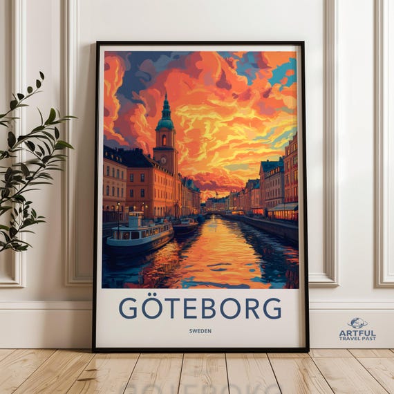 Gothenburg Sweden Skyline Colorful Wall Art Travel Poster Scandinavian Decor Cityscape Illustration Home Office