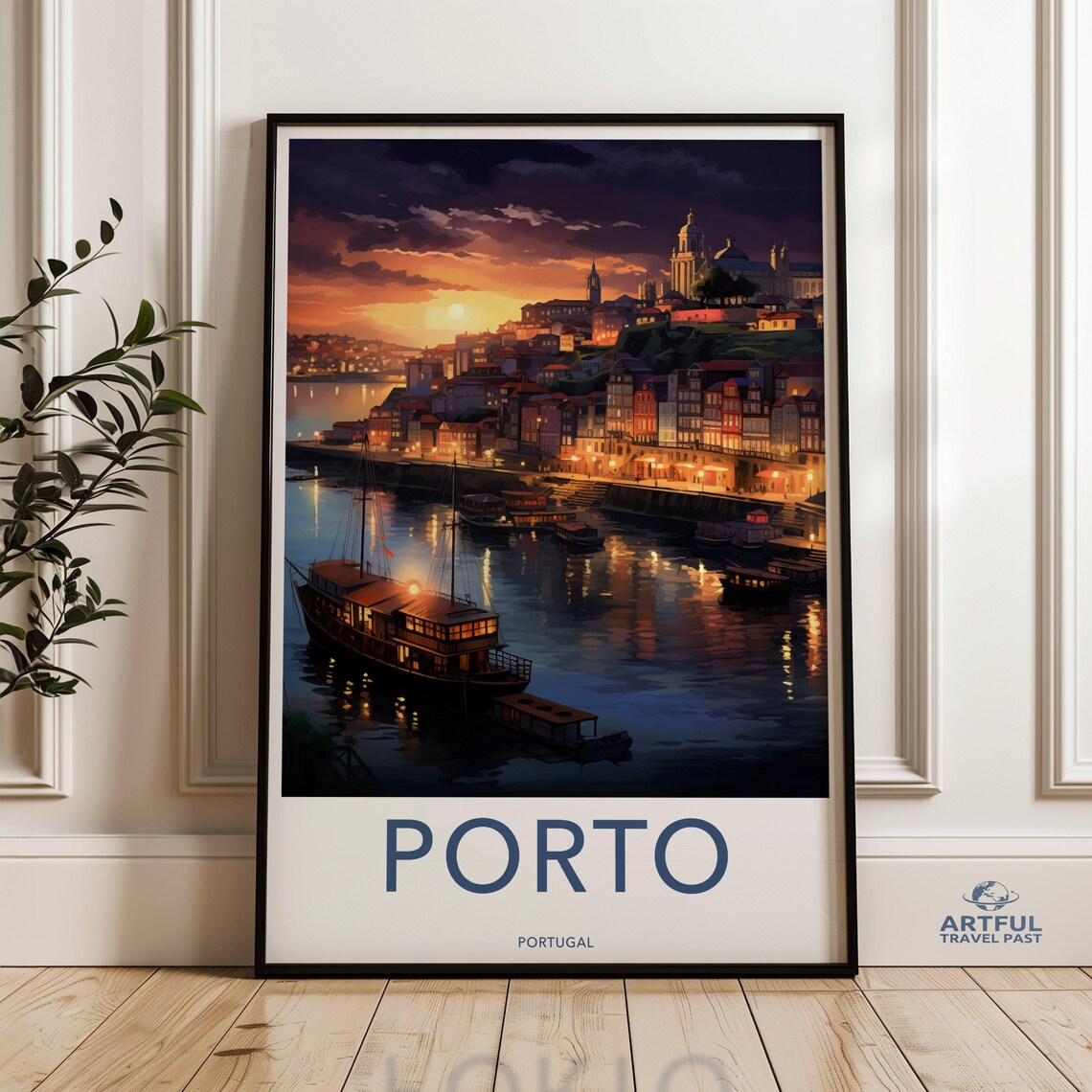 Old Porto Portugal Night Street Lamps Douro River Travel Poster
