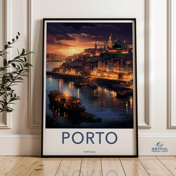 Porto Portugal Vintage Travel Poster Nightscape Wall Art Stunning River View Cityscape Illustration
