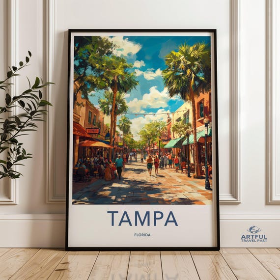 Tampa Florida Wall Art Cityscape Painting Palm Trees Street Scene Travel Poster Home Decor Colorful Print