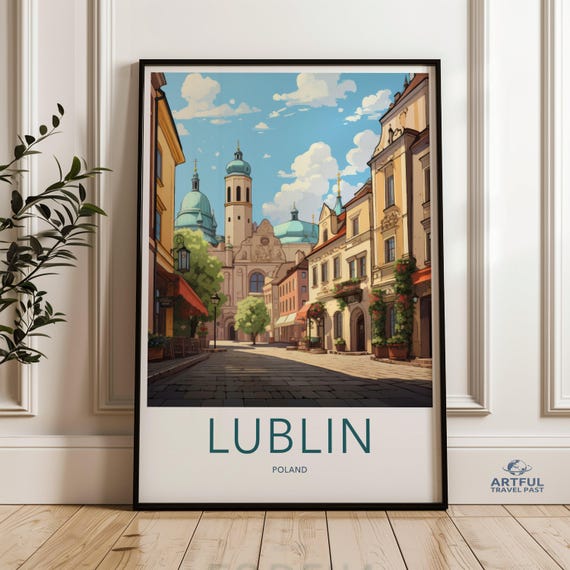 Lublin Poland Cityscape Wall Art Vintage Urban Poster Historic Architecture Print Travel Decor European City Illustration