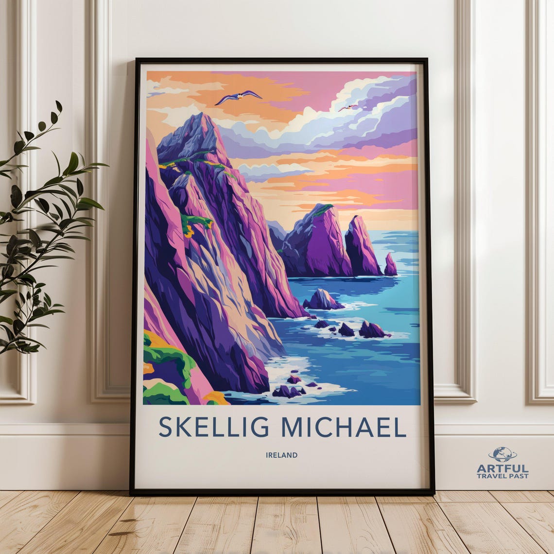 Skellig Michael Ireland Sea Cliffs Seabirds Sunset Travel Poster
