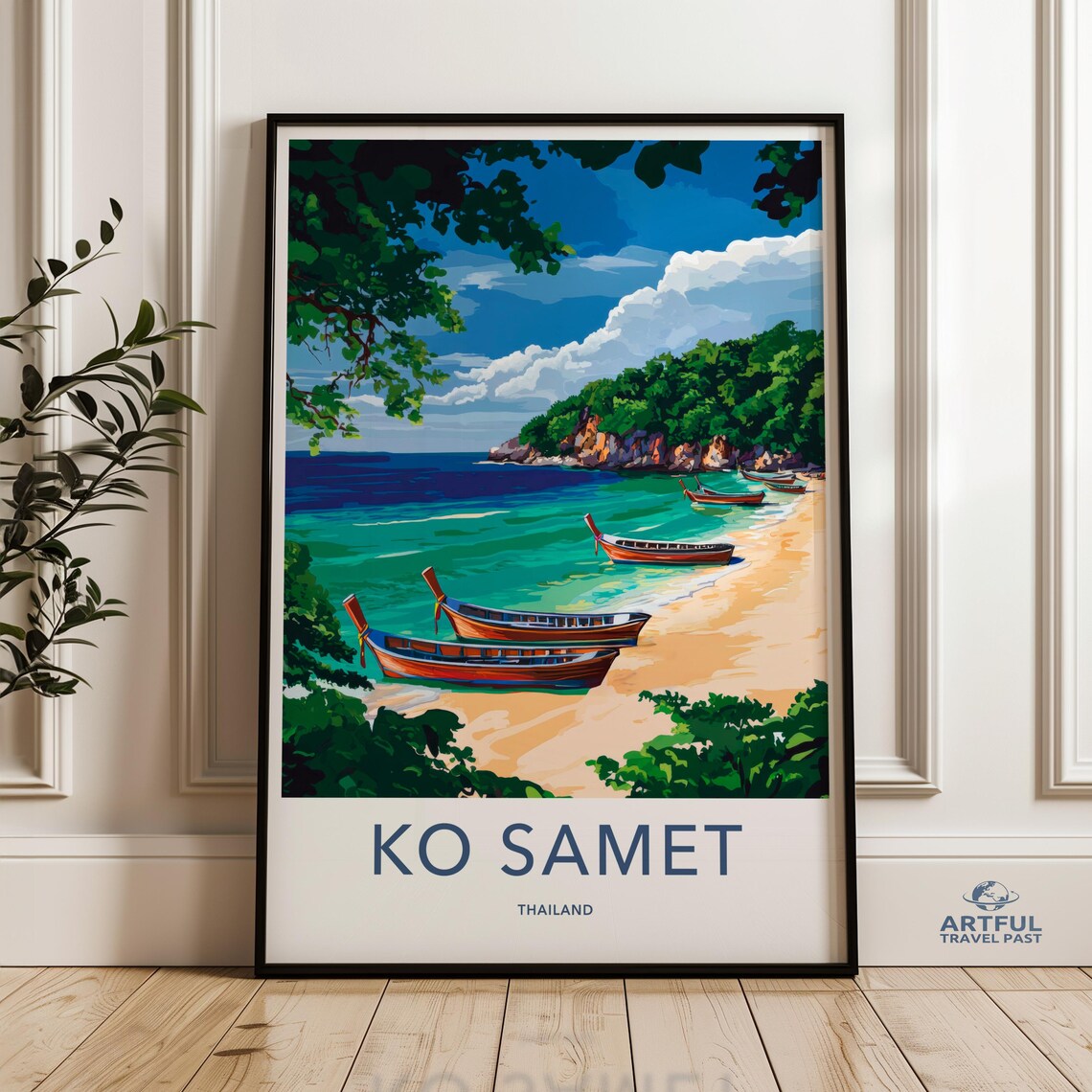 Ko Samet Thailand Travel Poster Tropical Beach with Longtail Boats