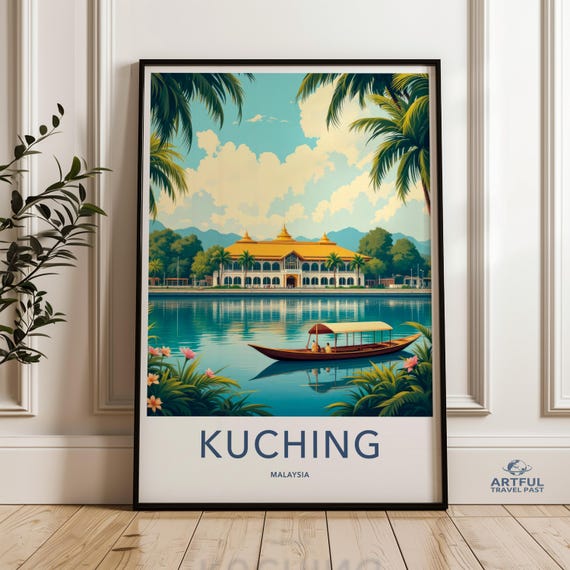 Vintage Kuching Travel Poster Malaysia Wall Art Decor Retro Tourism Artwork Scenic Cityscape Print Southeast Asia