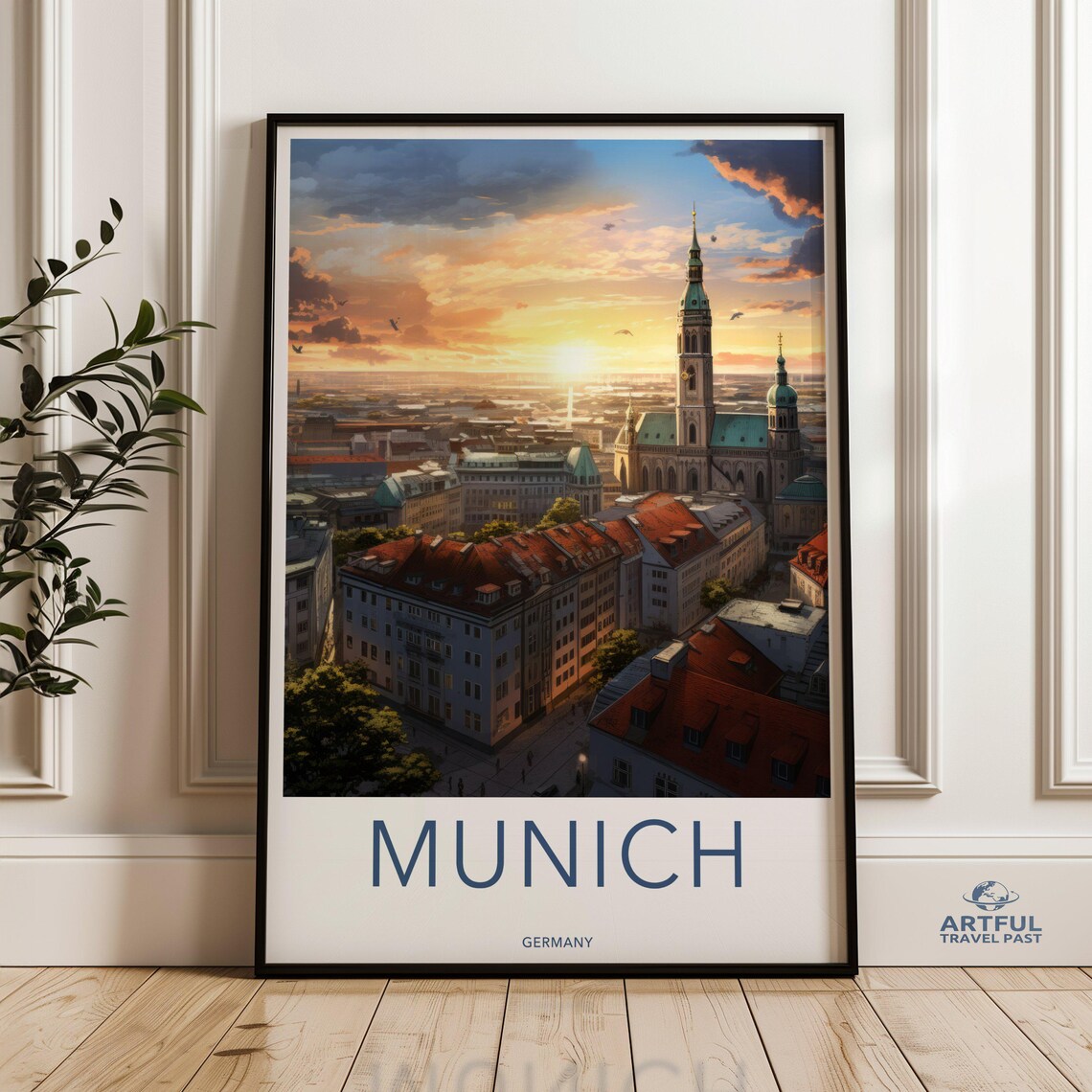 Munich Germany Old Town Sunset Church Towers Cityscape Travel Poster