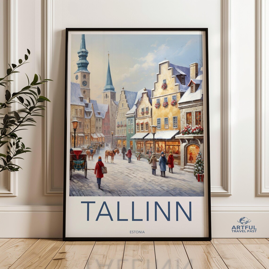 Tallinn Estonia Winter Travel Poster Snowy Old Town Christmas Scene Art