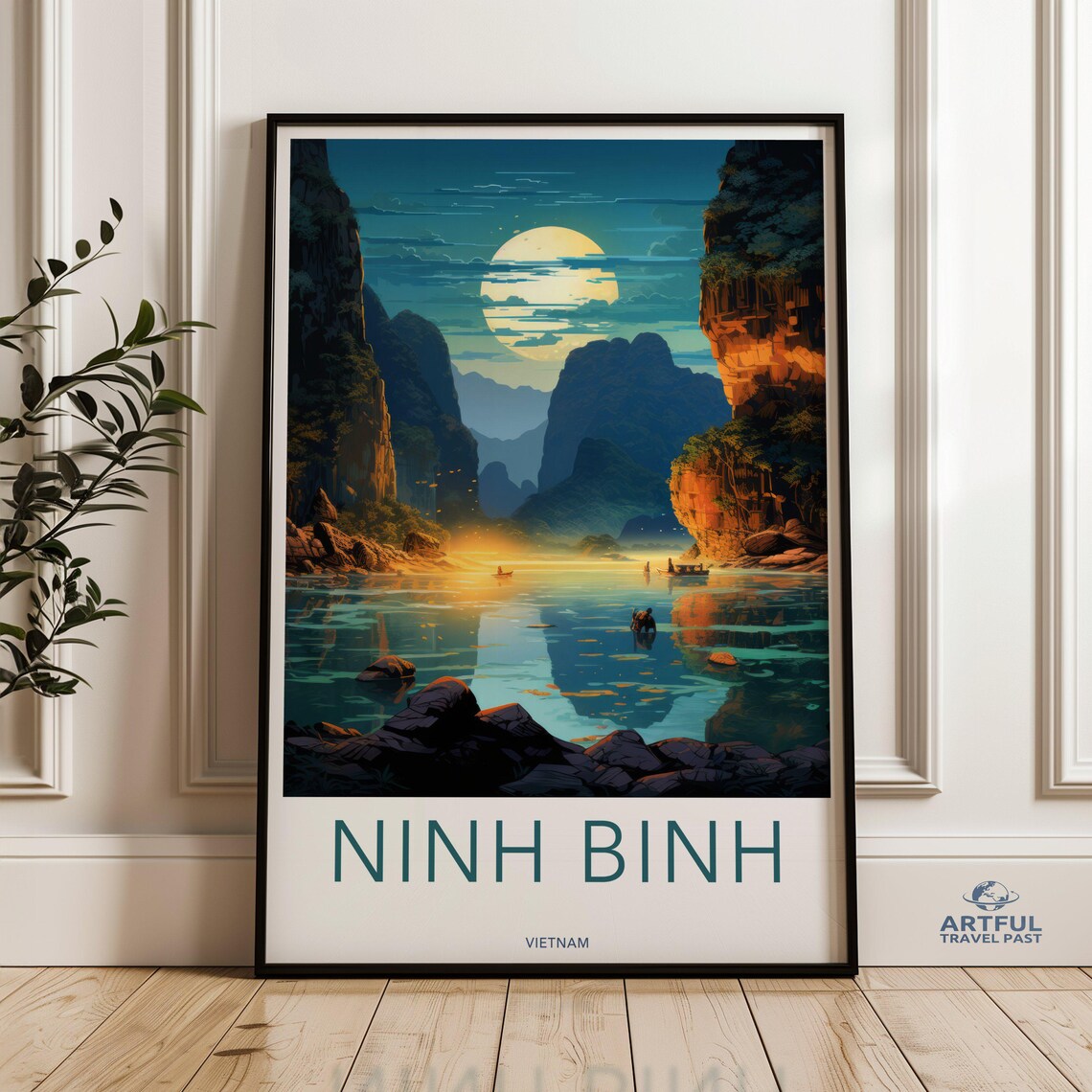 Ninh Binh Vietnam Moonlit River Karst Boat Vintage Travel Poster