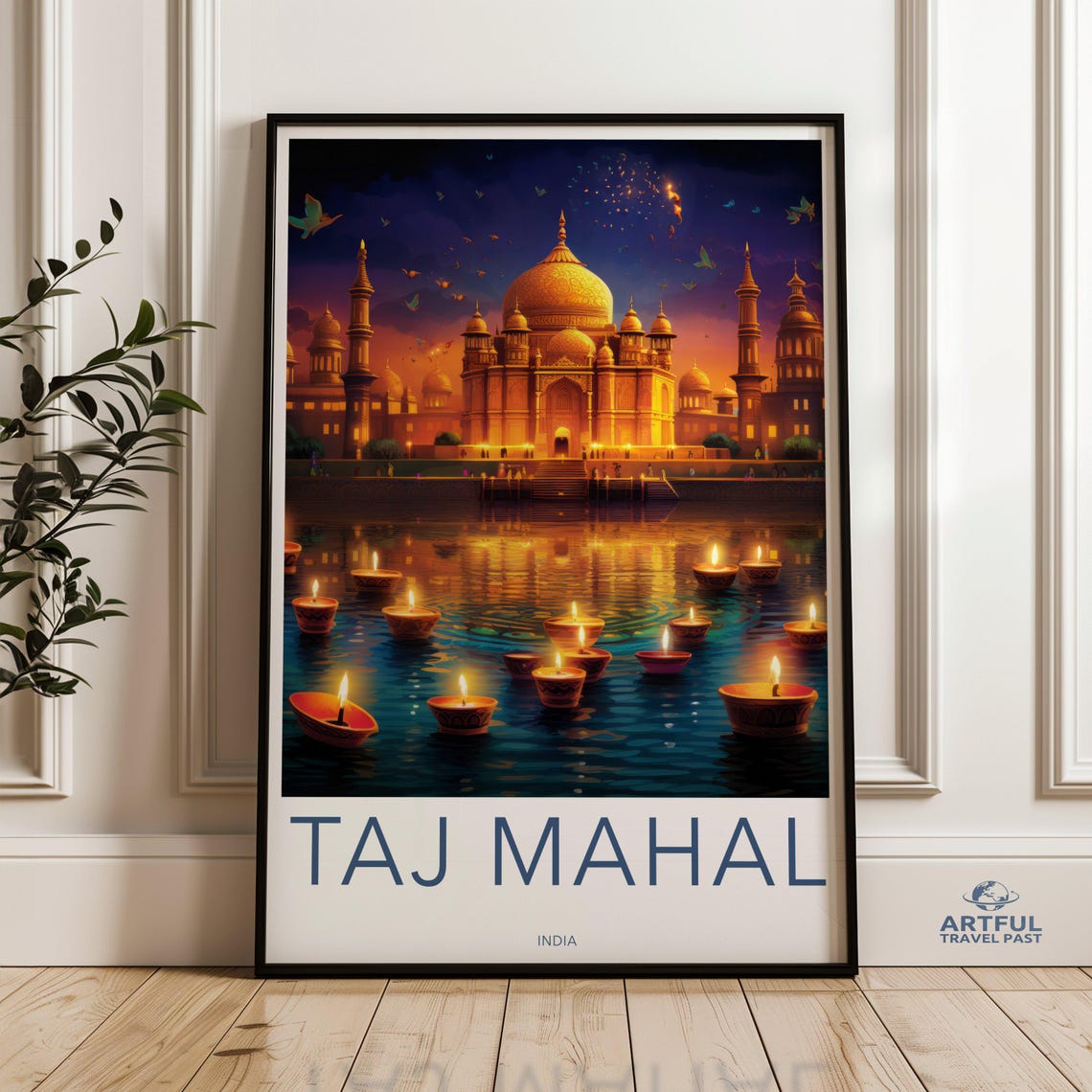 Taj Mahal India Night Floating Candles Vintage Travel Poster